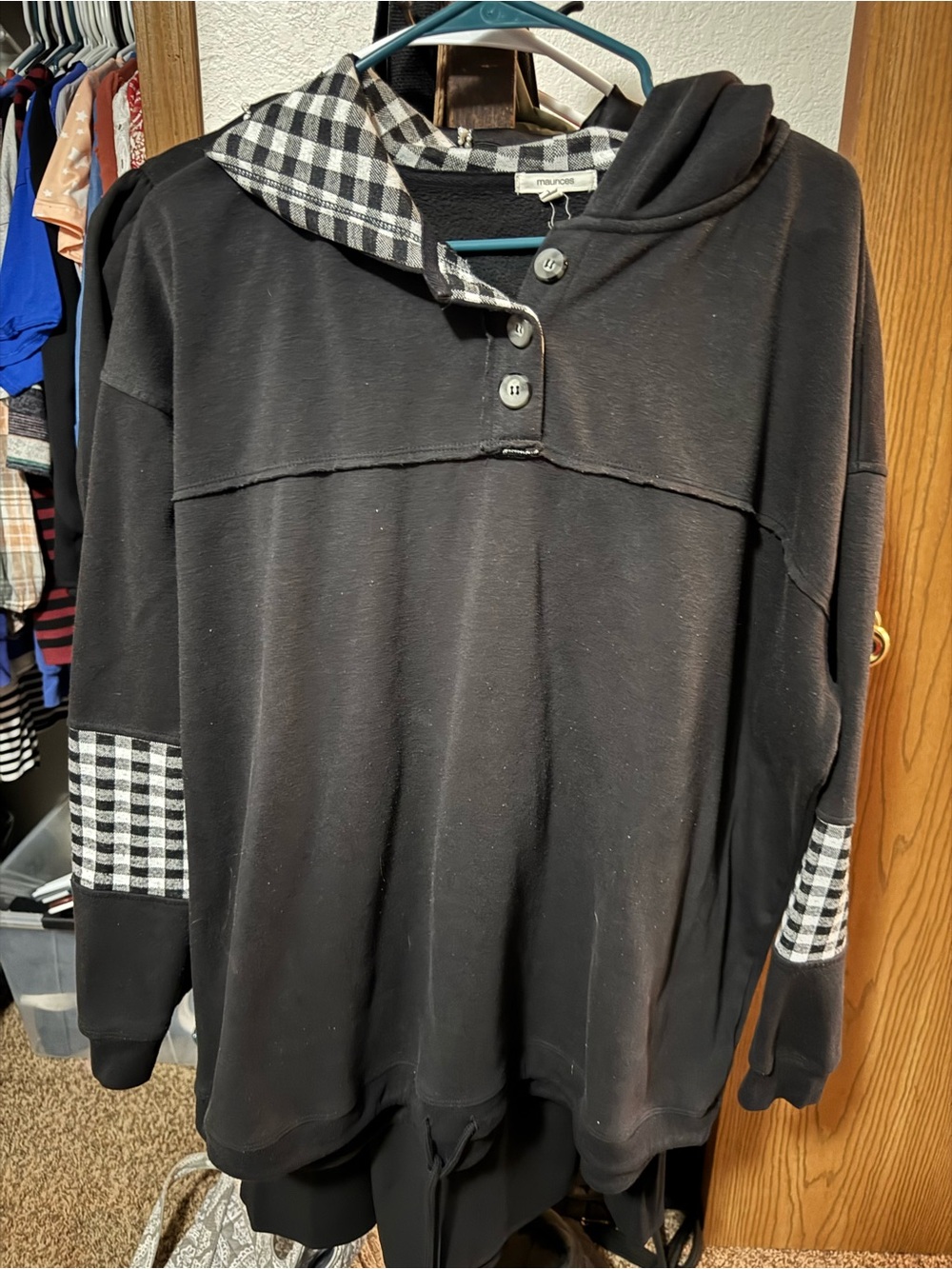 Maurices Black Hoodie Sweater with Gingham Accents
